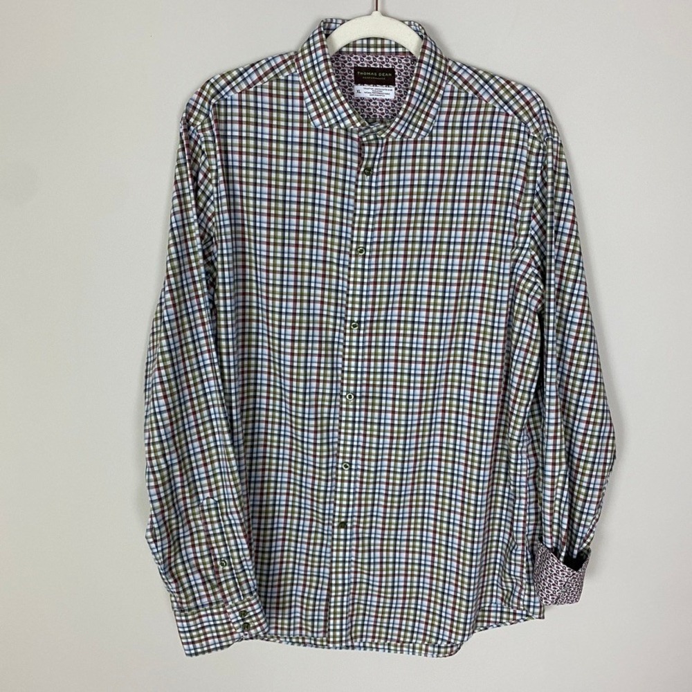 Thomas Dean Performance Plaid Button Down Shirt Mens XL Multi Color Paisley Cuff